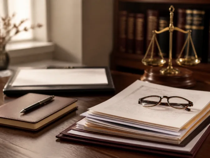 Mesa de escritório de advocacia com documentos organizados, óculos de leitura, caderno e uma balança da justiça ao fundo — ilustração do artigo sobre o que verificar antes de contratar um advogado do INSS.
